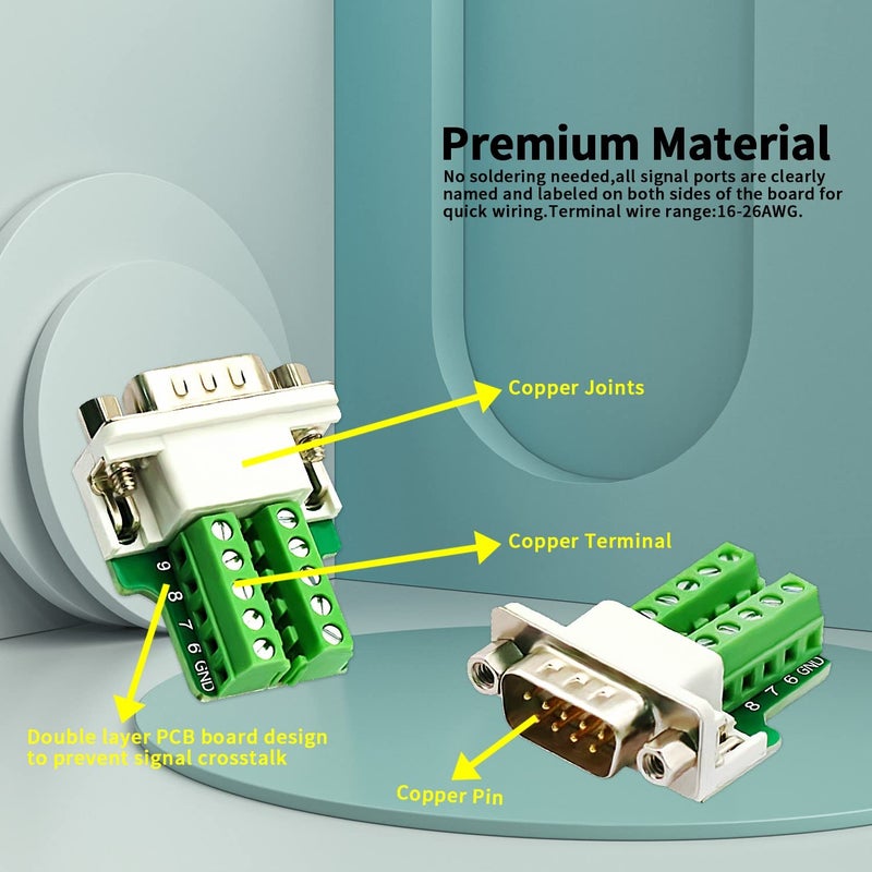 CenryKay (1Pcs-Male+1Pcs-Female DB9 Male Female Solderless Connectorï¼ŒDB9 Male Female Breakout RS232 D-SUB Serial to 9-pin Port Terminal Connector Breakout Board with Case Long Bolts Tail Pipe - Image 4